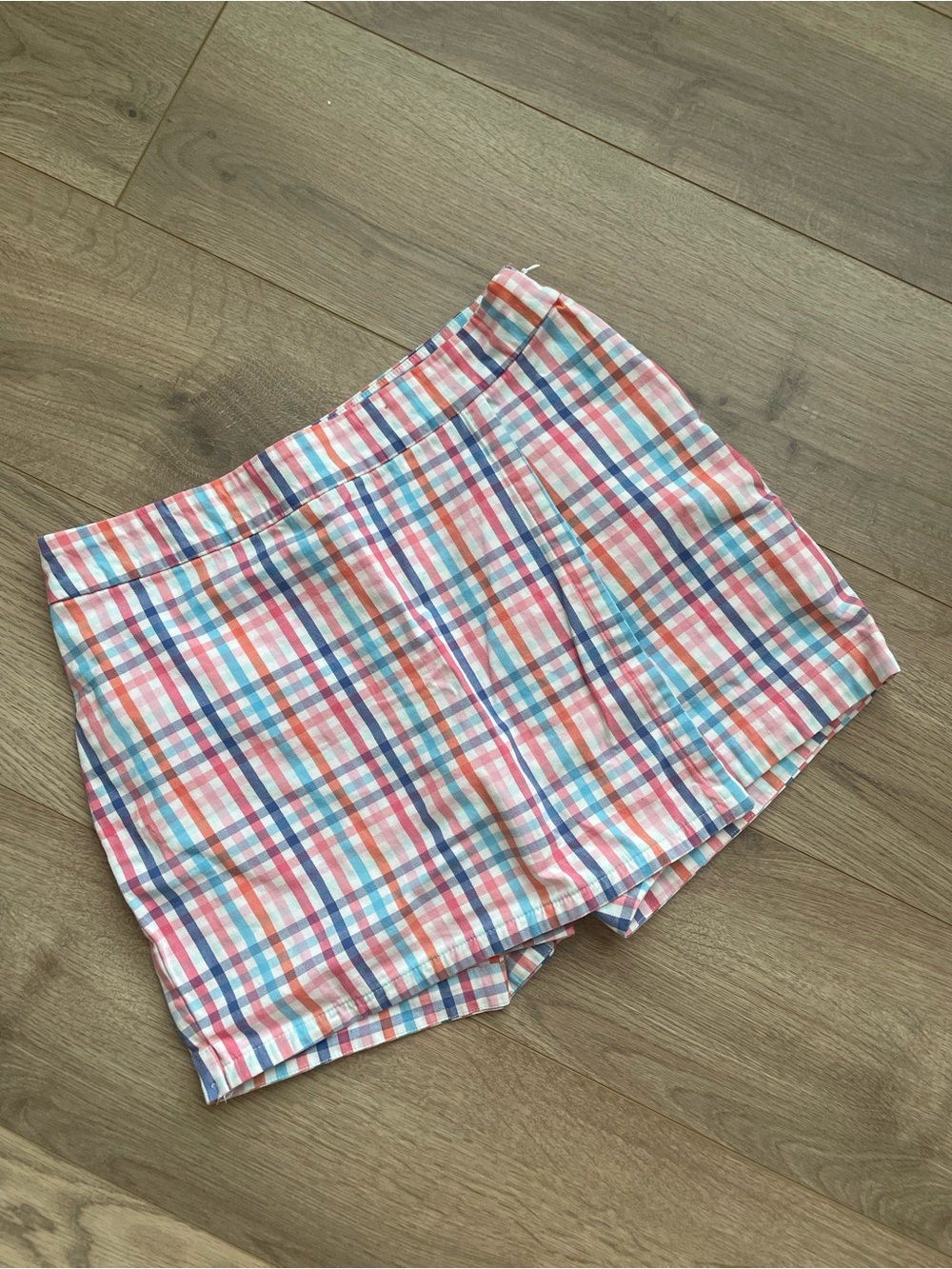 Plaid Cotton Blend Skort - Pink, Blue, Coral